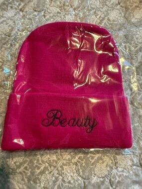 Embroidered 'Beauty' Hot Pink Knit Beanie
